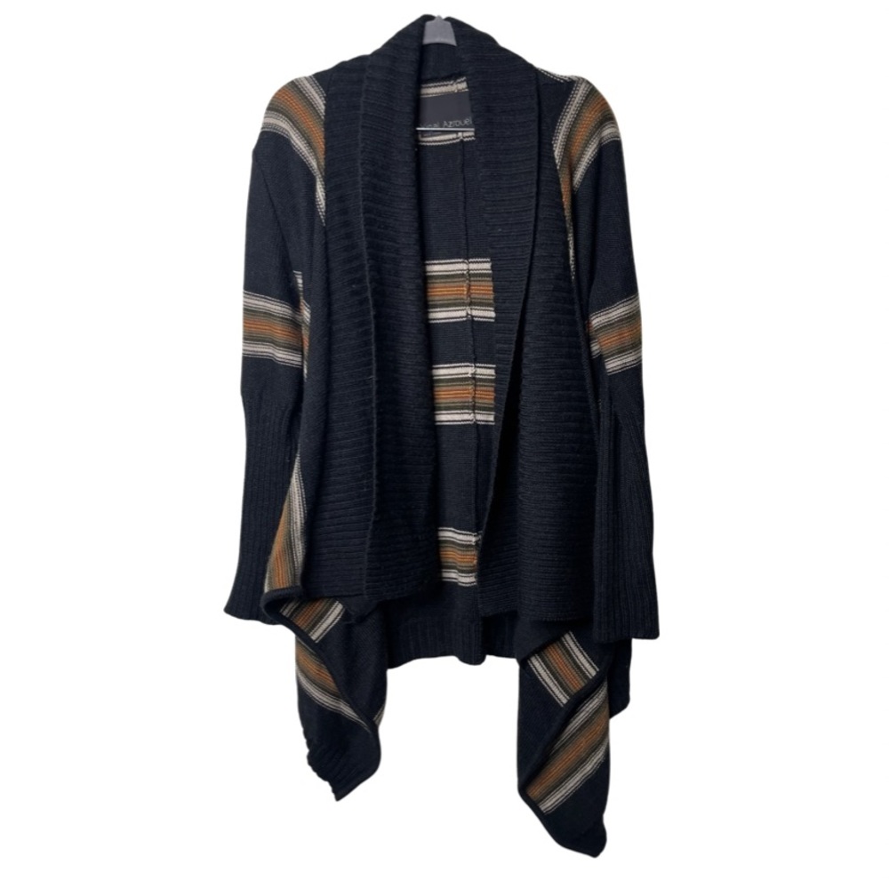 Yigal Azrouel Black Open-Front Cardigan with Brown and Cream Stripes